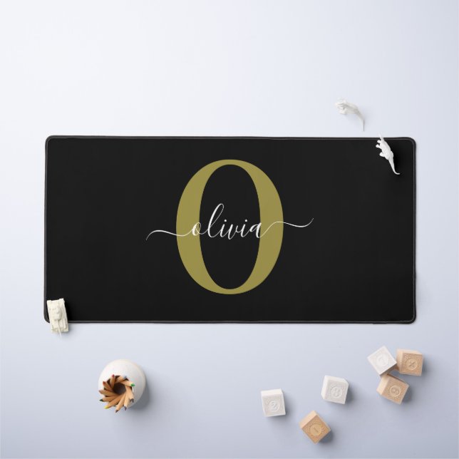 Personalized Monogram Script Name Black White Gold Desk Mat (Kids Table)