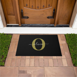 Personalized Monogram Script Name Black White Gold Doormat