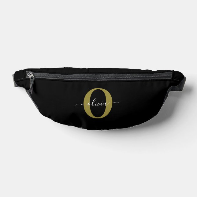 Personalized Monogram Script Name Black White Gold Fanny Pack (Lay Down)