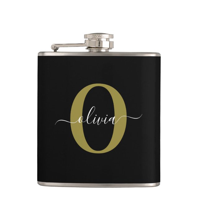 Personalized Monogram Script Name Black White Gold Flask (Front)