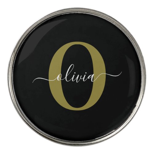 Personalized Monogram Script Name Black White Gold Golf Ball Marker