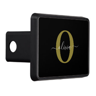 Personalized Monogram Script Name Black White Gold Hitch Cover