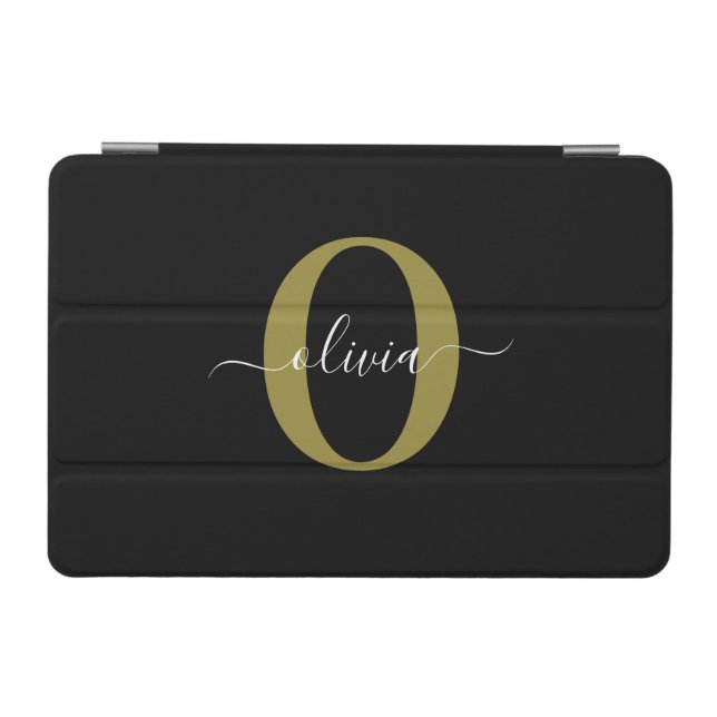 Personalized Monogram Script Name Black White Gold iPad Mini Cover (Horizontal)