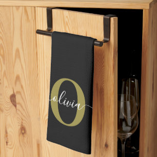 Personalized Monogram Script Name Black White Gold Kitchen Towel