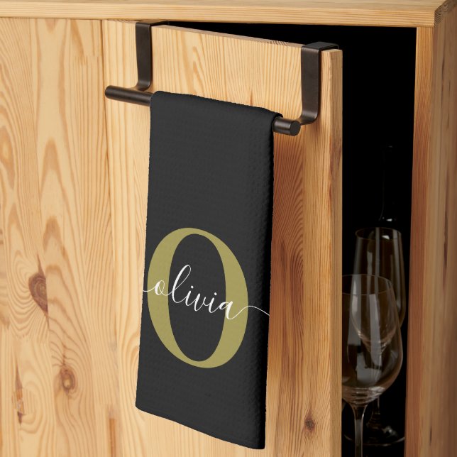 Personalized Monogram Script Name Black White Gold Kitchen Towel (Thirds Fold)