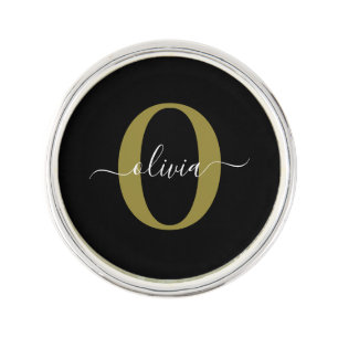 Personalized Monogram Script Name Black White Gold Lapel Pin
