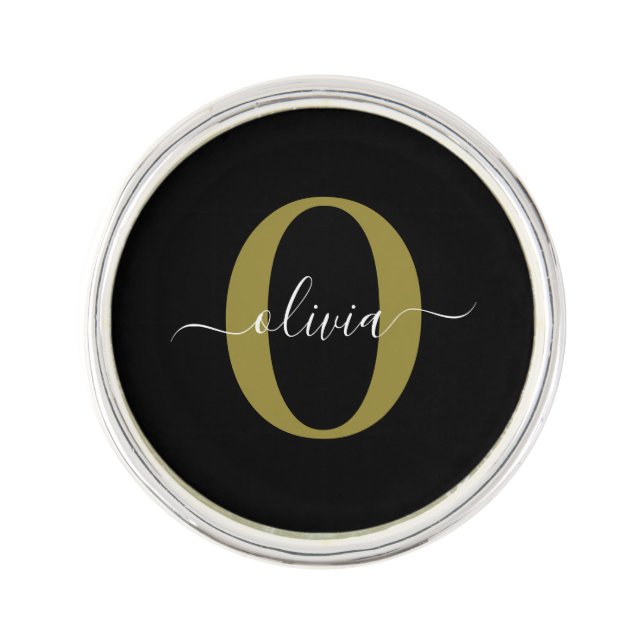 Personalized Monogram Script Name Black White Gold Lapel Pin (Front)