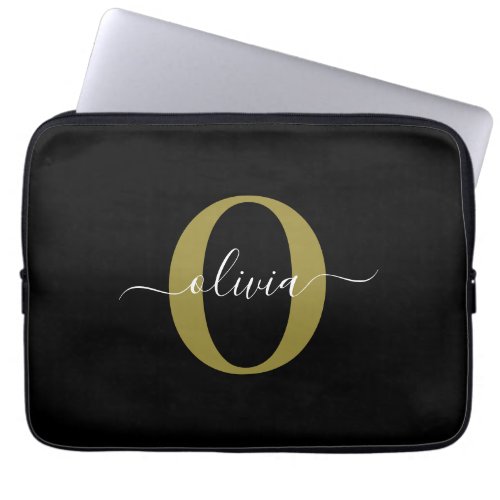 Personalized Monogram Script Name Black White Gold Laptop Sleeve