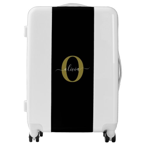 Personalized Monogram Script Name Black White Gold Luggage