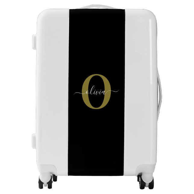 Personalized Monogram Script Name Black White Gold Luggage (Front)