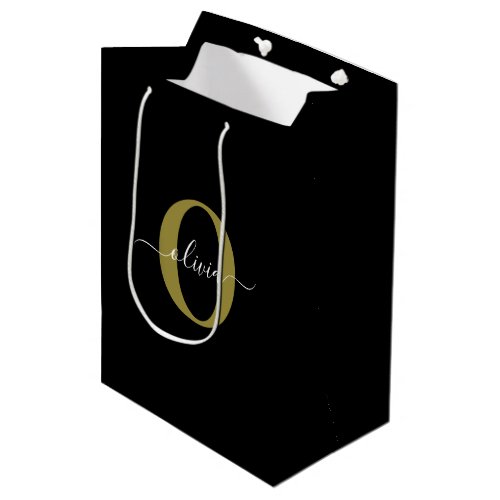 Personalized Monogram Script Name Black White Gold Medium Gift Bag