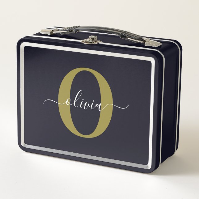 Personalized Monogram Script Name Black White Gold Metal Lunch Box (Front)