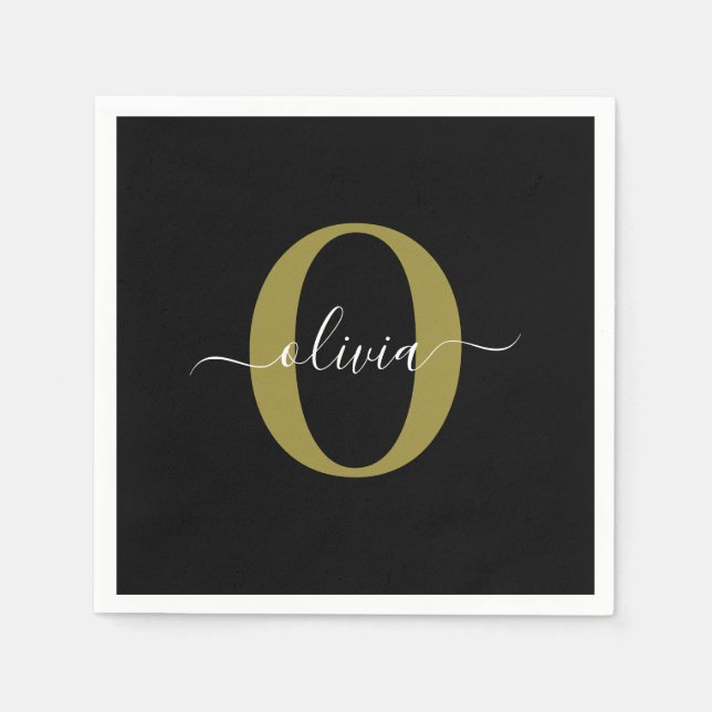 Personalized Monogram Script Name Black White Gold Napkins (Front)