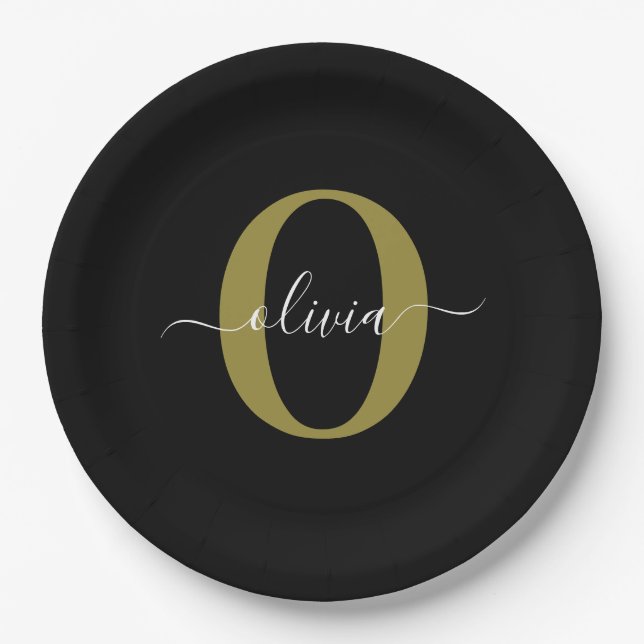 Personalized Monogram Script Name Black White Gold Paper Plates (Front)
