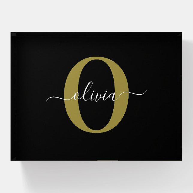 Personalized Monogram Script Name Black White Gold Paperweight (Front)