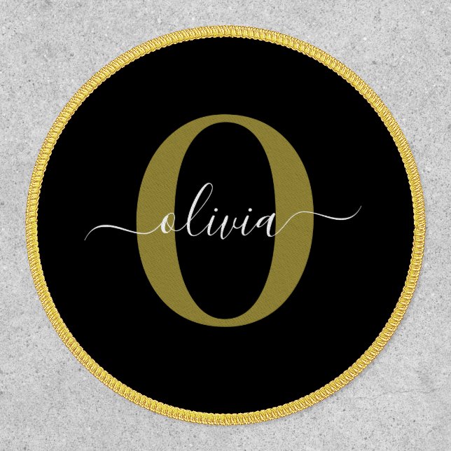 Personalized Monogram Script Name Black White Gold Patch (Front)