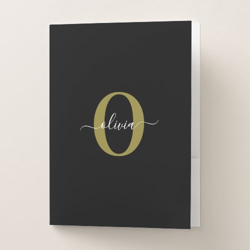 Personalized Monogram Script Name Black White Gold Pocket Folder