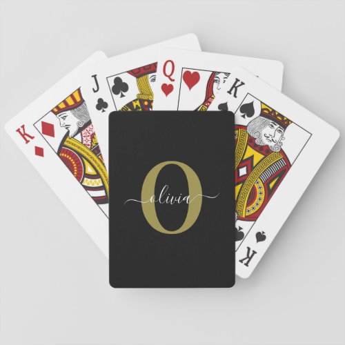 Personalized Monogram Script Name Black White Gold Poker Cards