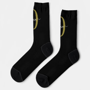 Personalized Monogram Script Name Black White Gold Socks