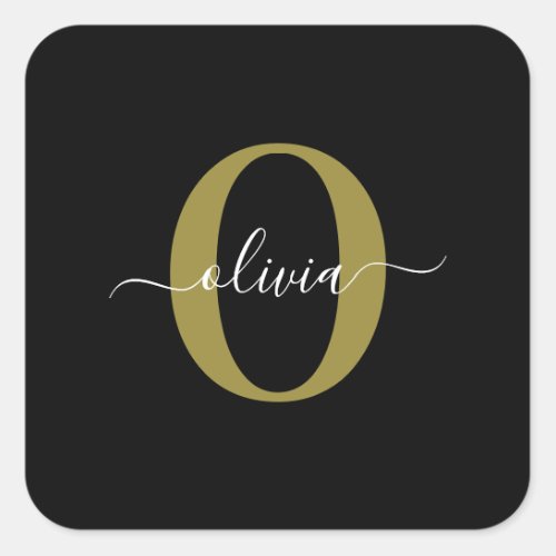 Personalized Monogram Script Name Black White Gold Square Sticker