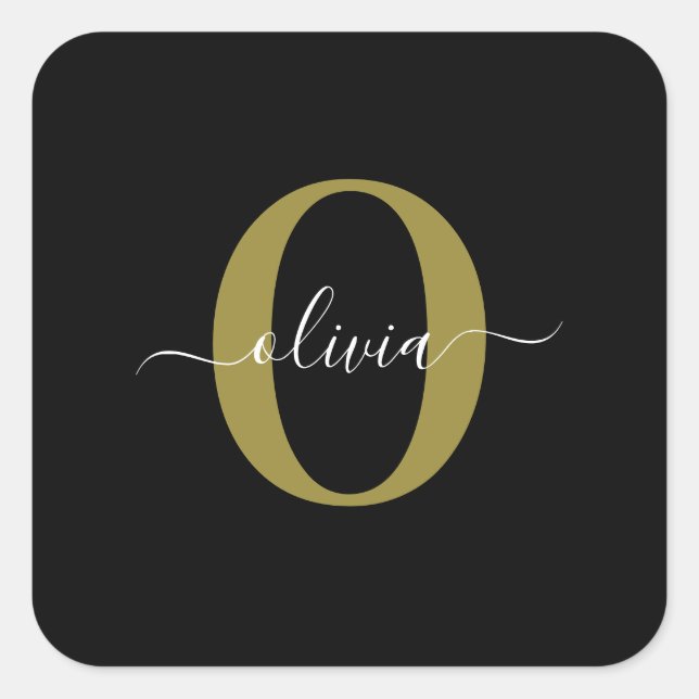 Personalized Monogram Script Name Black White Gold Square Sticker (Front)