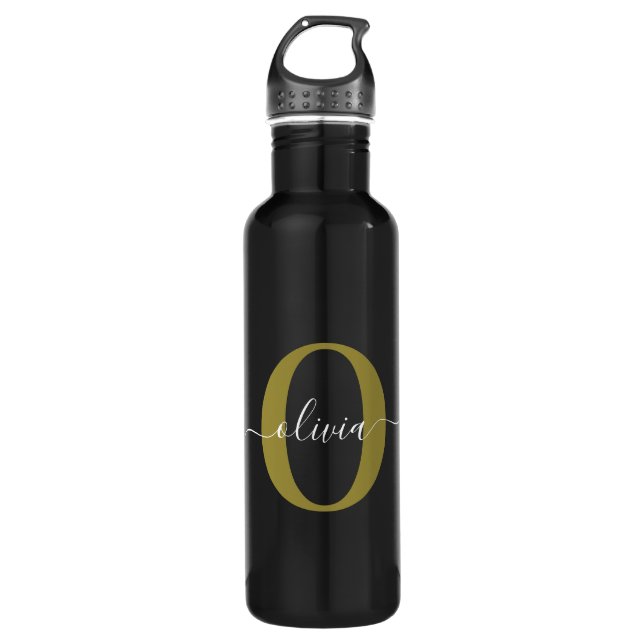 Personalized Monogram Script Name Black White Gold Stainless Steel Water Bottle (Front)