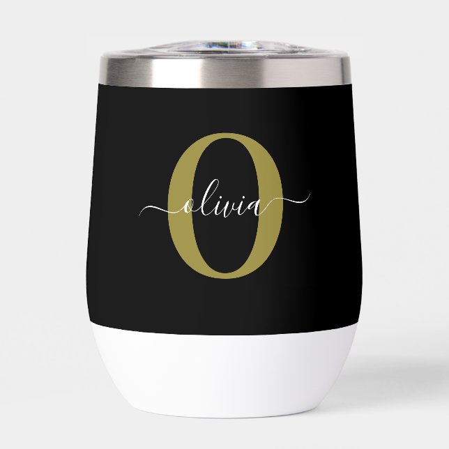 Personalized Monogram Script Name Black White Gold Thermal Wine Tumbler (Front)