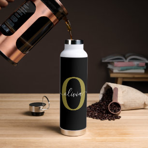 Personalized Monogram Script Name Black White Gold Water Bottle