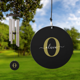 Personalized Monogram Script Name Black White Gold Wind Chime