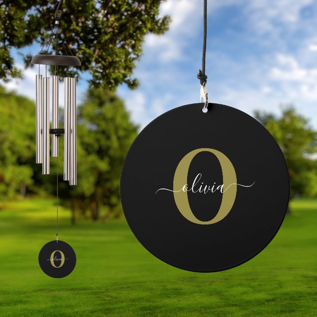 Personalized Monogram Script Name Black White Gold Wind Chime (Outdoor)