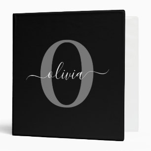 Personalized Monogram Script Name Black White Grey 3 Ring Binder