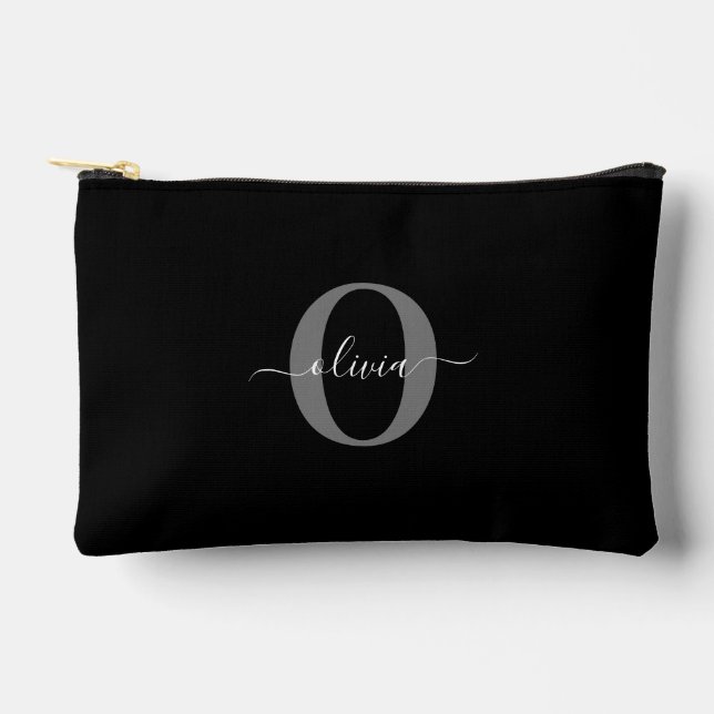 Personalized Monogram Script Name Black White Grey Accessory Pouch (Front)