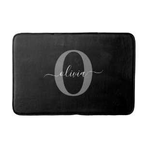 Personalized Monogram Script Name Black White Grey Bath Mat