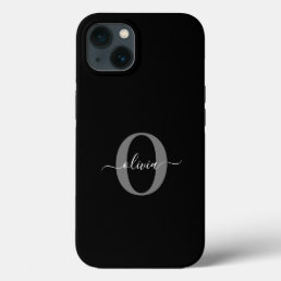 Personalized Monogram Script Name Black White Grey iPhone 13 Case