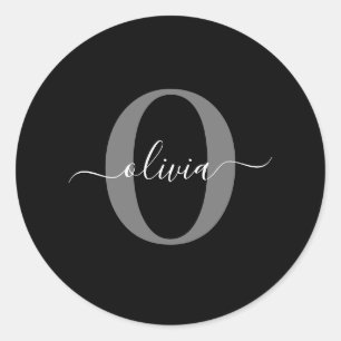 Personalized Monogram Script Name Black White Grey Classic Round Sticker