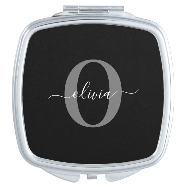Personalized Monogram Script Name Black White Grey Compact Mirror (Front)