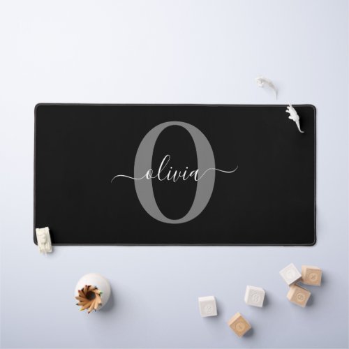 Personalized Monogram Script Name Black White Grey Desk Mat