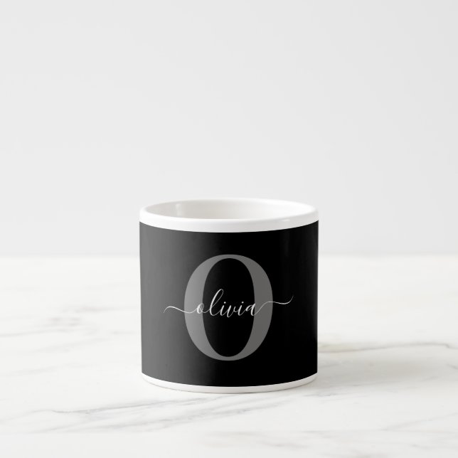 Personalized Monogram Script Name Black White Grey Espresso Cup (Front)