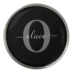 Personalized Monogram Script Name Black White Grey Golf Ball Marker