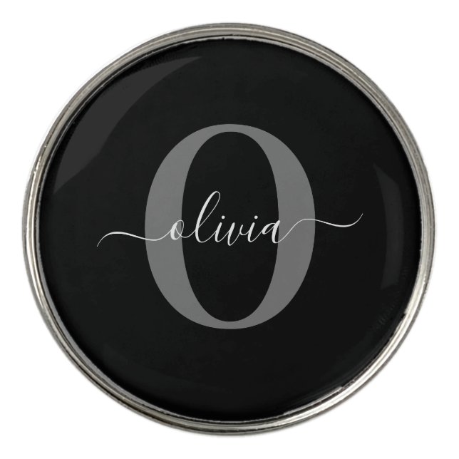 Personalized Monogram Script Name Black White Grey Golf Ball Marker (Front)