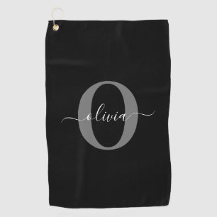 Personalized Monogram Script Name Black White Grey Golf Towel