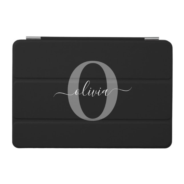 Personalized Monogram Script Name Black White Grey iPad Mini Cover (Horizontal)
