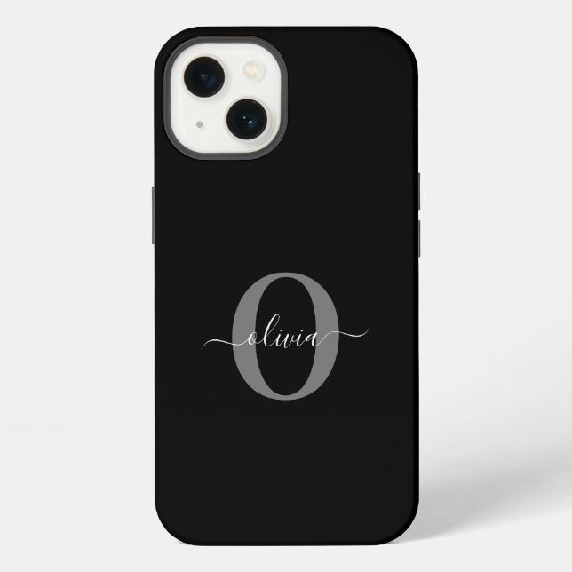 Personalized Monogram Script Name Black White Grey Iphone Case (Back)