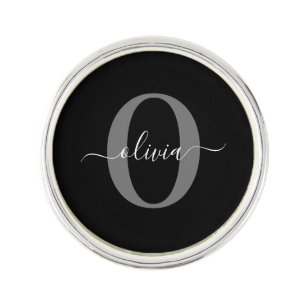 Personalized Monogram Script Name Black White Grey Lapel Pin