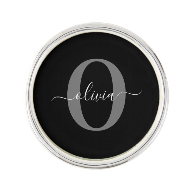 Personalized Monogram Script Name Black White Grey Lapel Pin (Front)