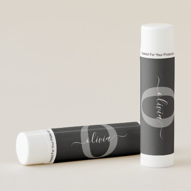 Personalized Monogram Script Name Black White Grey Lip Balm (Front)
