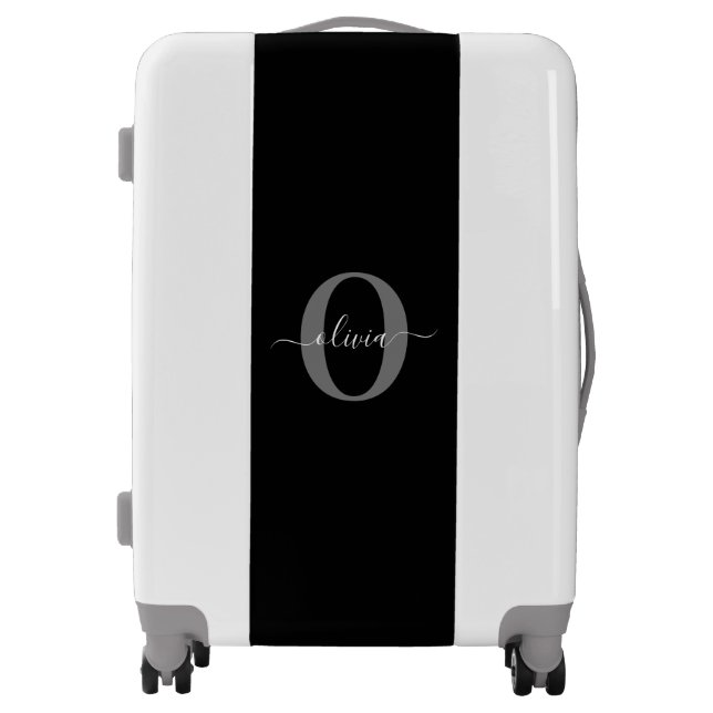 Personalized Monogram Script Name Black White Grey Luggage (Front)