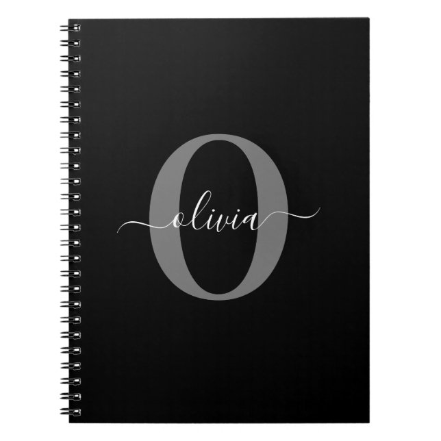 Personalized Monogram Script Name Black White Grey Notebook (Front)