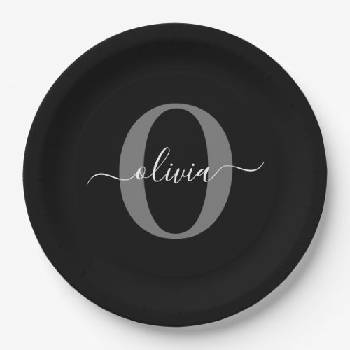 Personalized Monogram Script Name Black White Grey Paper Plates