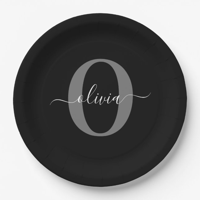Personalized Monogram Script Name Black White Grey Paper Plates (Front)